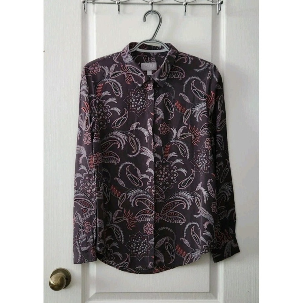 PURE Collection Womens 100% SILK Paisley Blouse Button Up Long Sleeve Gray Sz 4